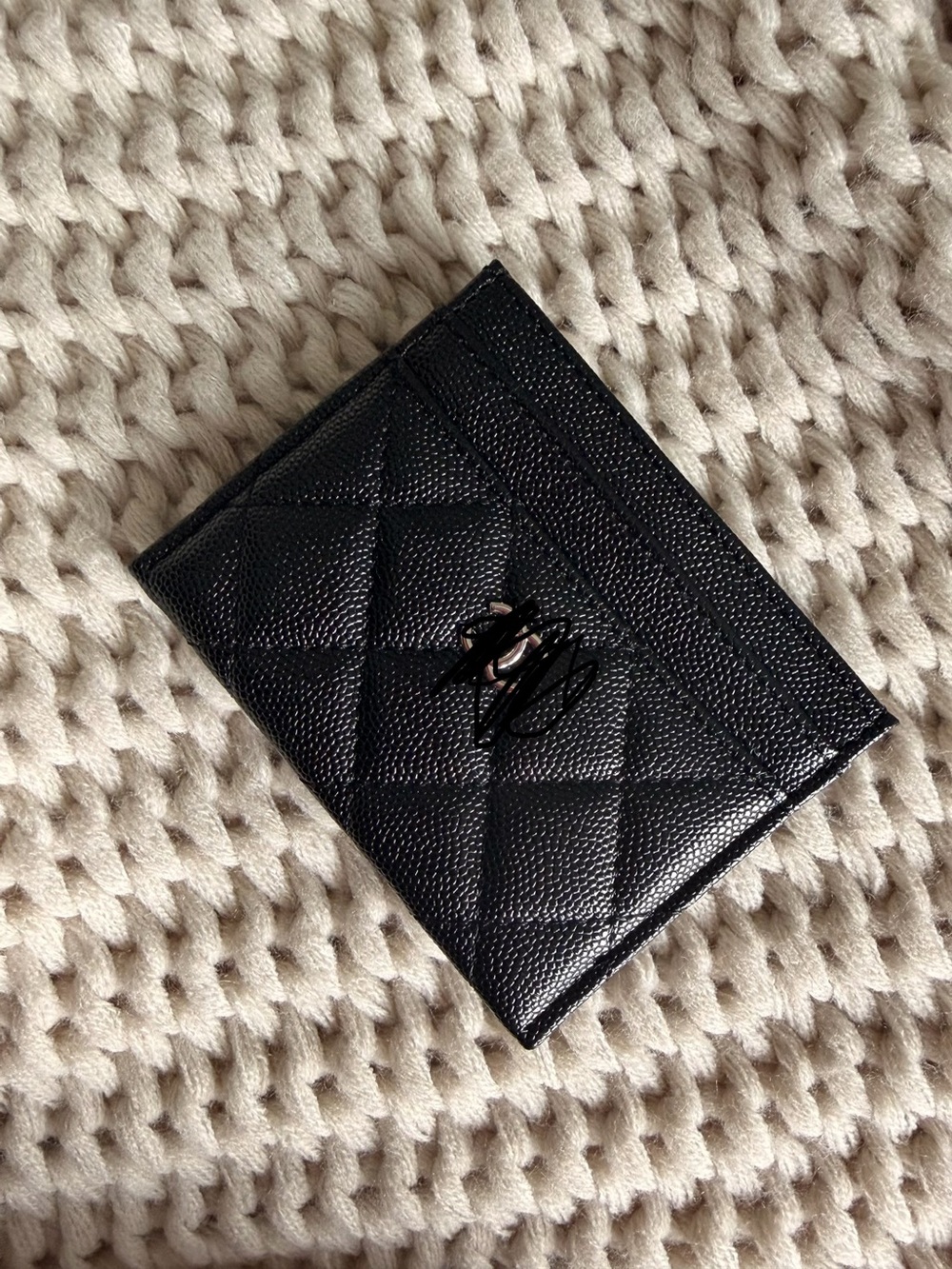 Black Quilted Leather Card Holder with Logo Accent